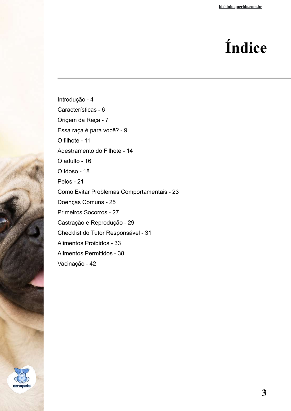 índice do e-book Guia de Como Cuidar do Pug