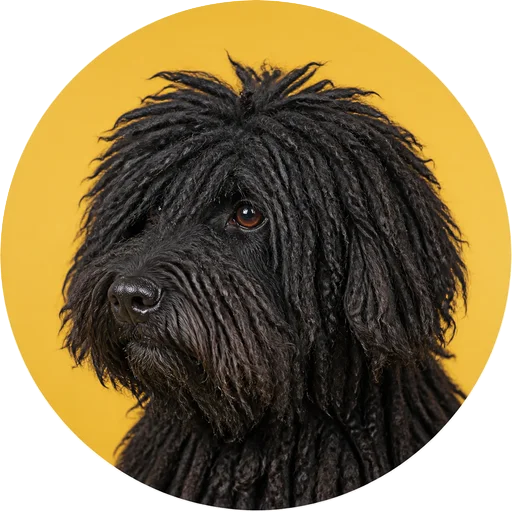 Retrato em ângulo três quartos de cachorro da raça Puli em fundo mostarda