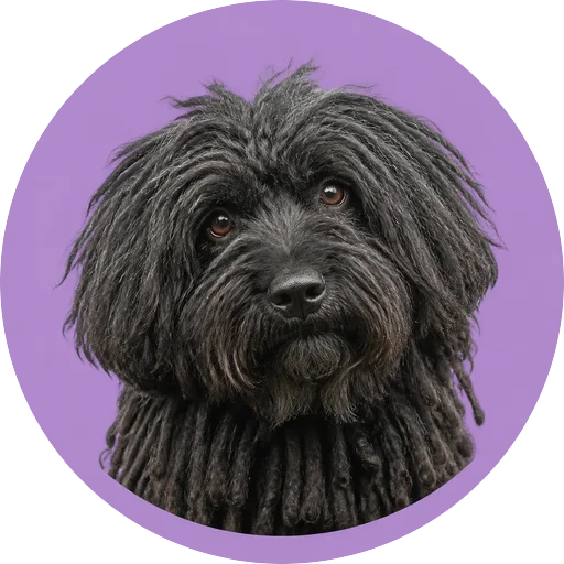 Retrato de cachorro da raça Puli com leve inclinação da cabeça em fundo lilás