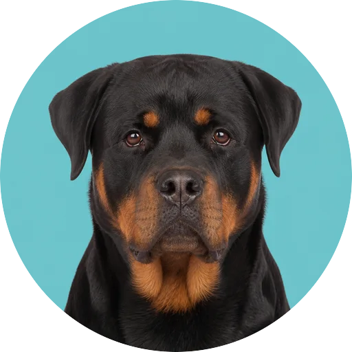 Retrato frontal de cachorro da raça Rottweiler em fundo turquesa