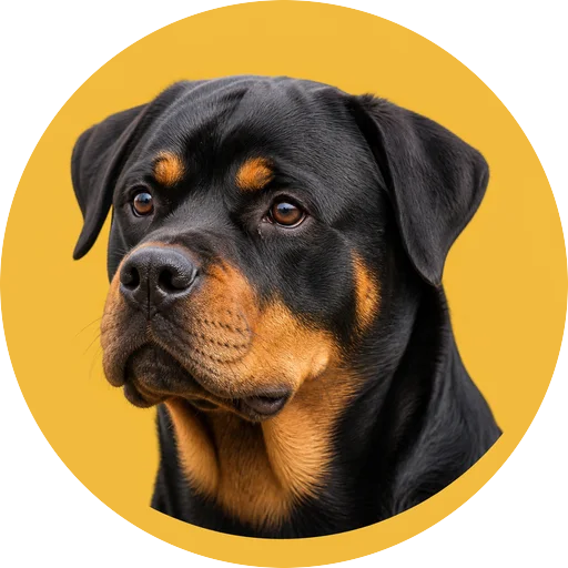 Retrato em ângulo três quartos de cachorro da raça Rottweiler em fundo mostarda