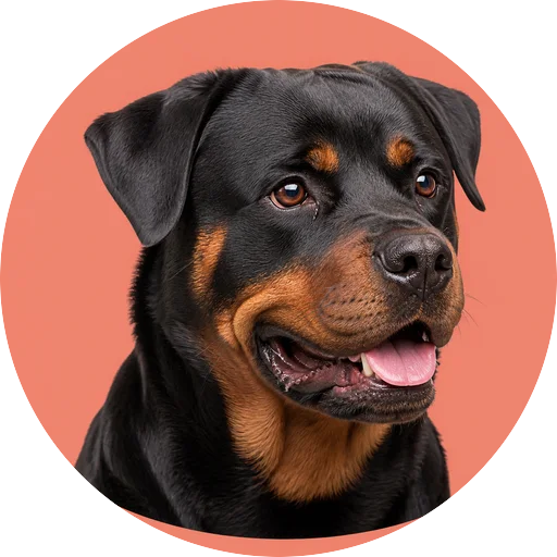 Retrato em ângulo três quartos de cachorro da raça Rottweiler em fundo coral