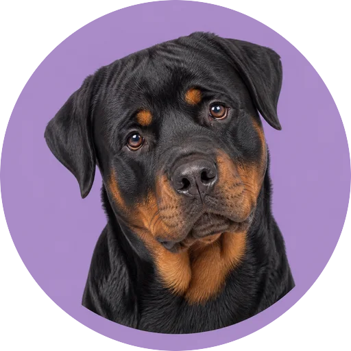 Retrato de cachorro da raça Rottweiler com leve inclinação da cabeça em fundo lilás