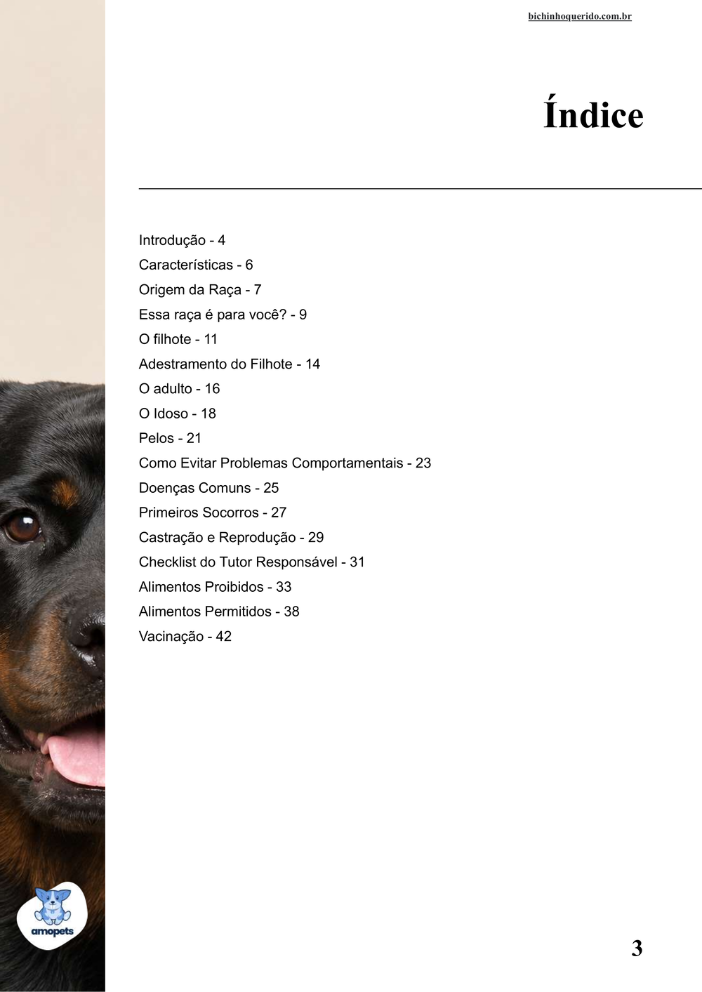 índice do e-book Guia de Como Cuidar do Rottweiler