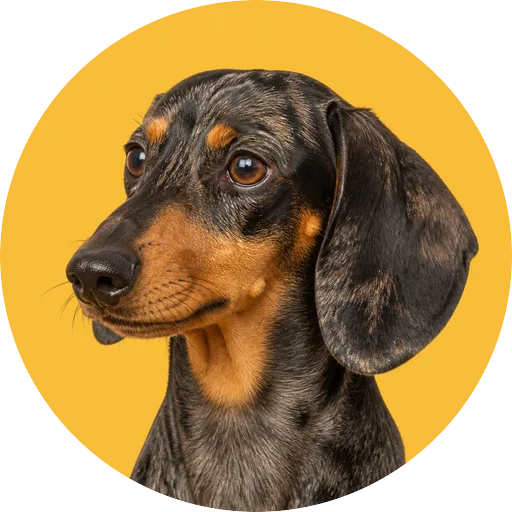 Retrato em ângulo três quartos de cachorro da raça Salsicha Dachshund em fundo mostarda