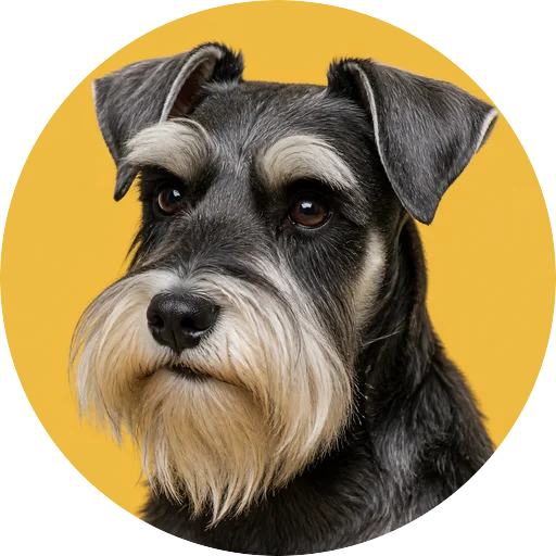 Retrato em ângulo três quartos de cachorro da raça Schnauzer em fundo mostarda