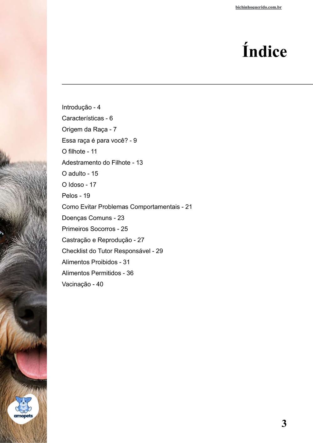 índice do e-book Guia de Como Cuidar do Schnauzer