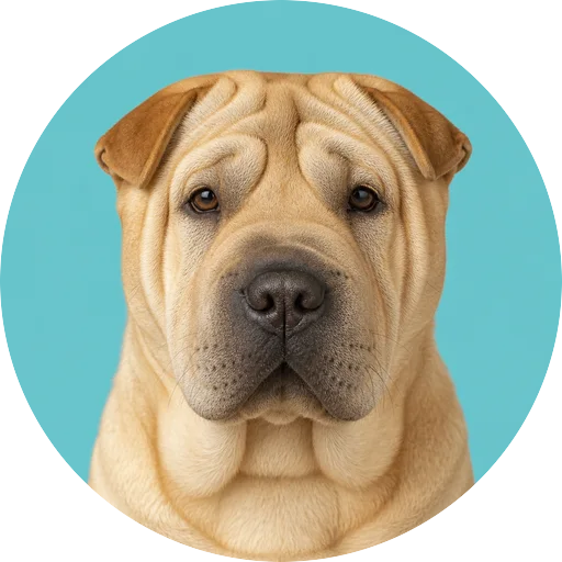 Retrato frontal de cachorro da raça Shar Pei em fundo turquesa