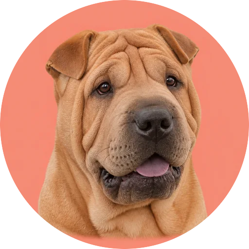 Retrato em ângulo três quartos de cachorro da raça Shar Pei em fundo coral