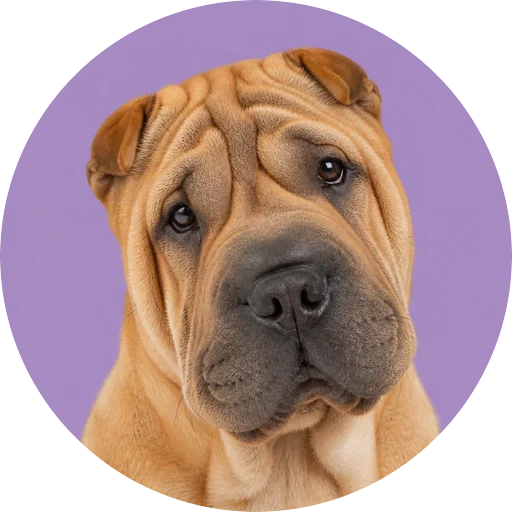 Retrato de cachorro da raça Shar Pei com leve inclinação da cabeça em fundo lilás