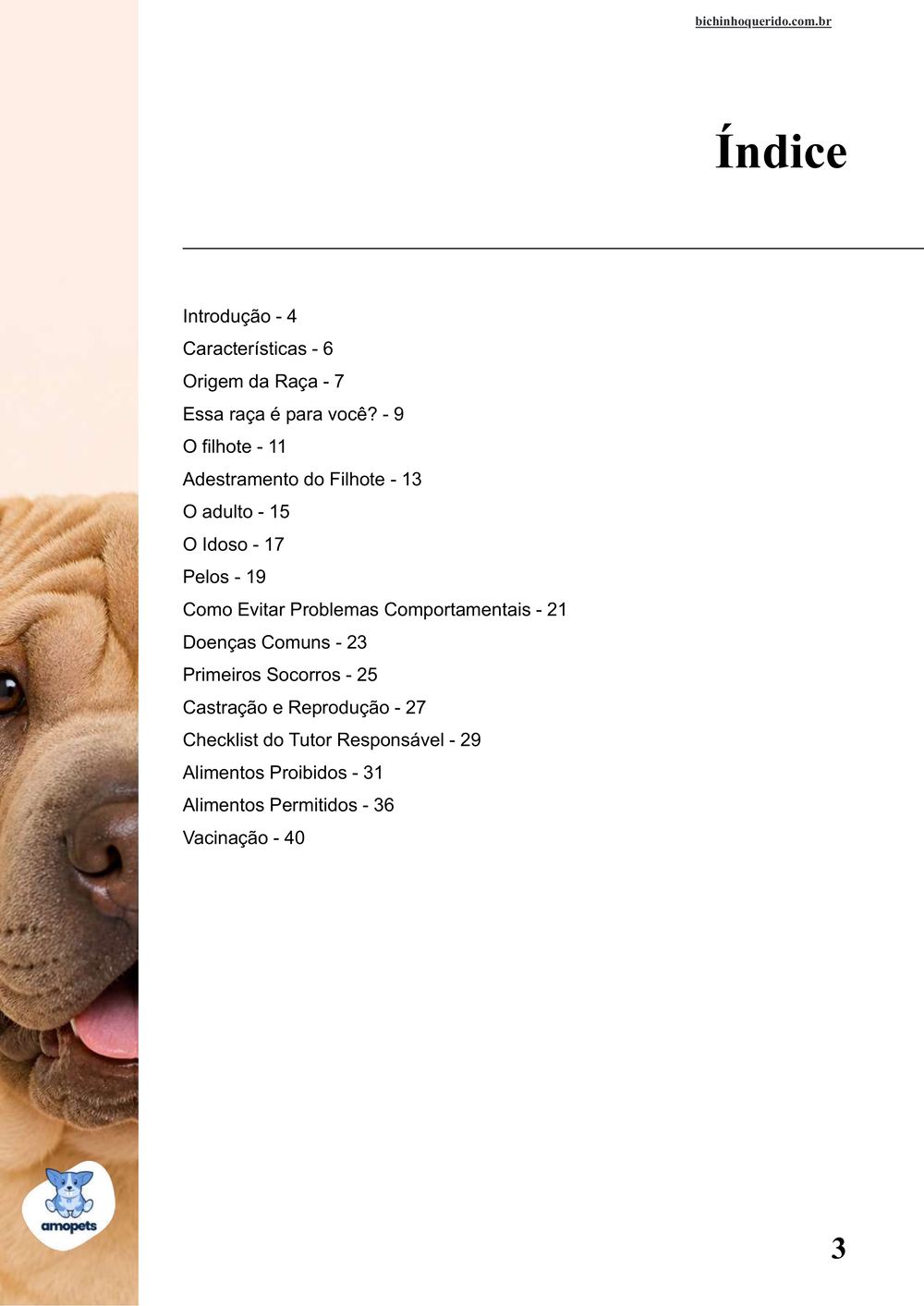 índice do e-book Guia de Como Cuidar do Shar Pei