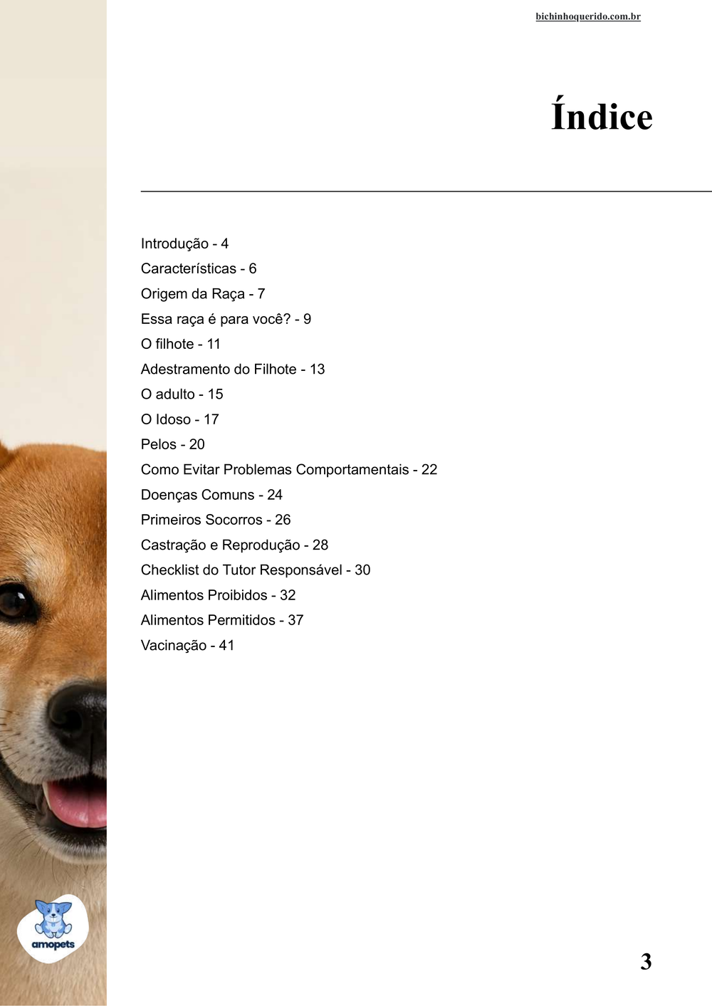 índice do e-book Guia de Como Cuidar do Shiba Inu