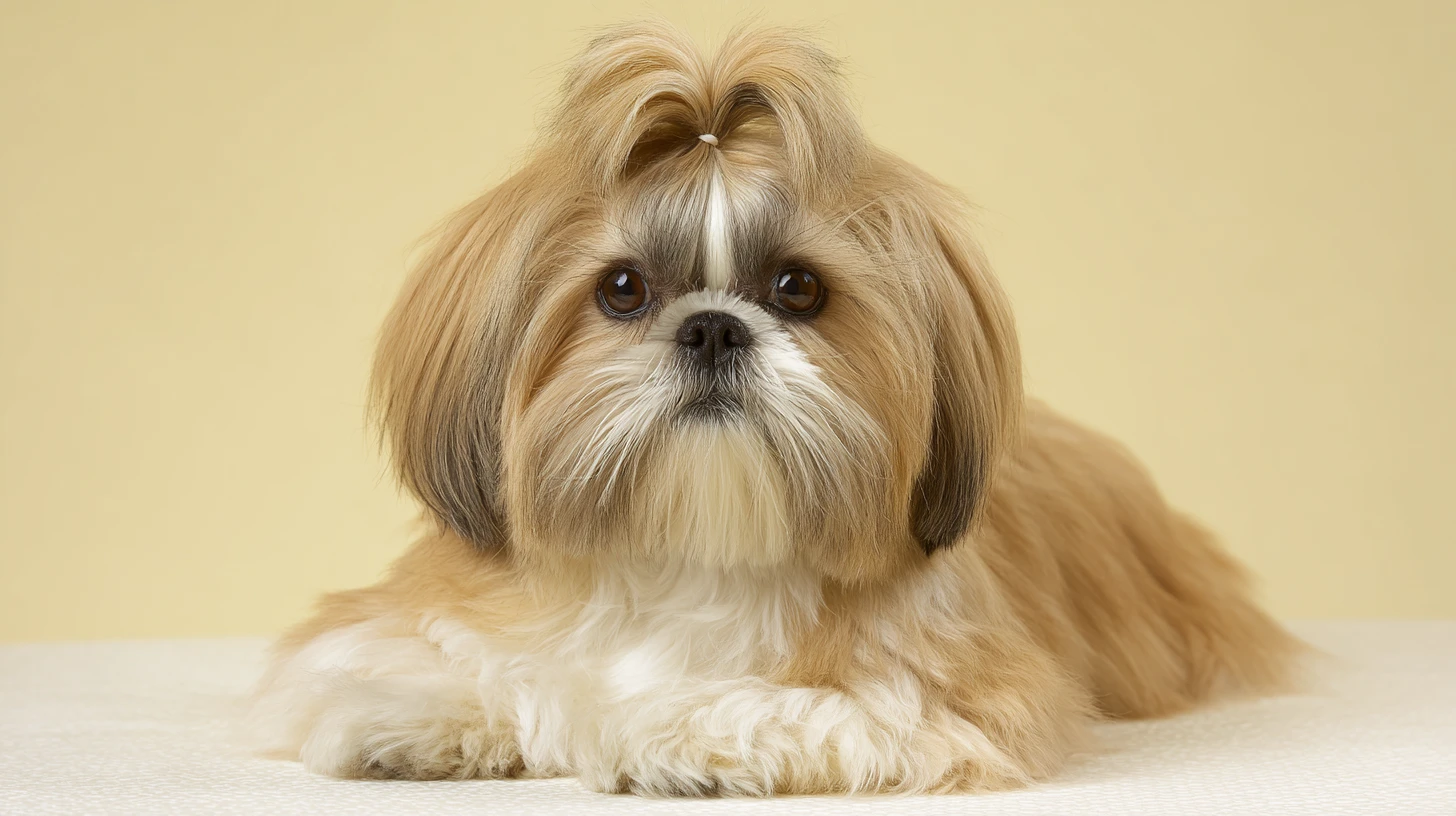 Shih Tzu de pelagem clara olhando para a câmera