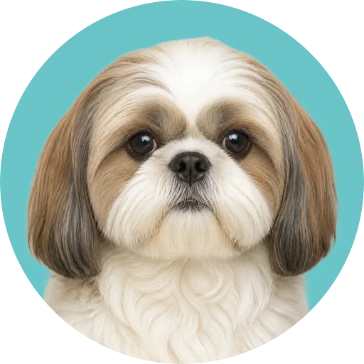 Retrato frontal de cachorro da raça Shih Tzu em fundo turquesa