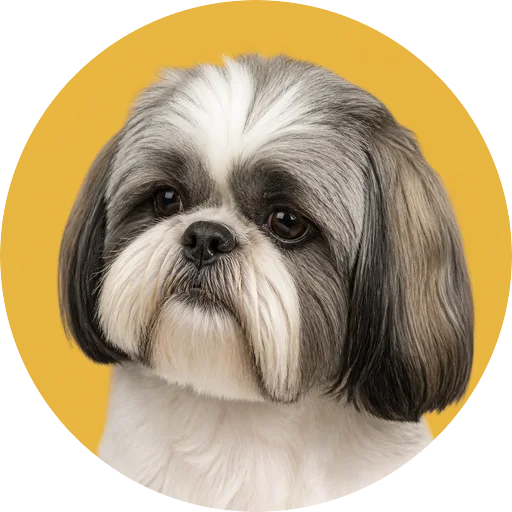 Retrato em ângulo três quartos de cachorro da raça Shih Tzu em fundo mostarda