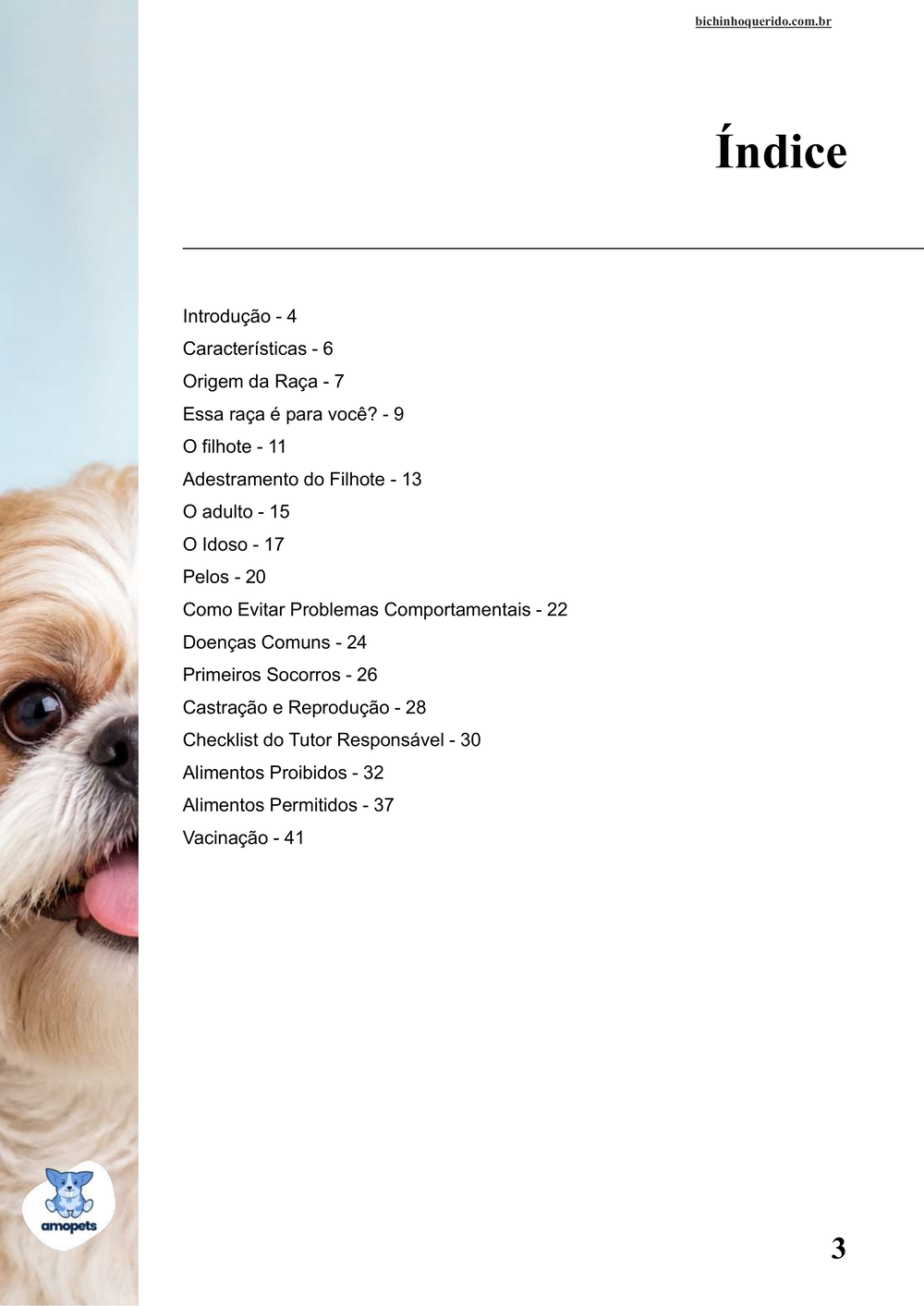índice do e-book Guia de Como Cuidar do Shih Tzu