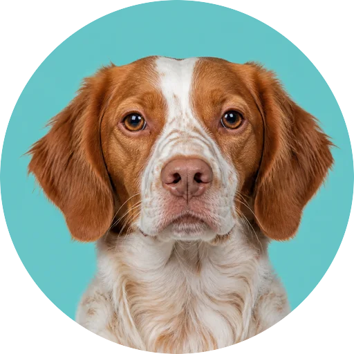 Retrato frontal de cachorro da raça Spaniel Bretão em fundo turquesa