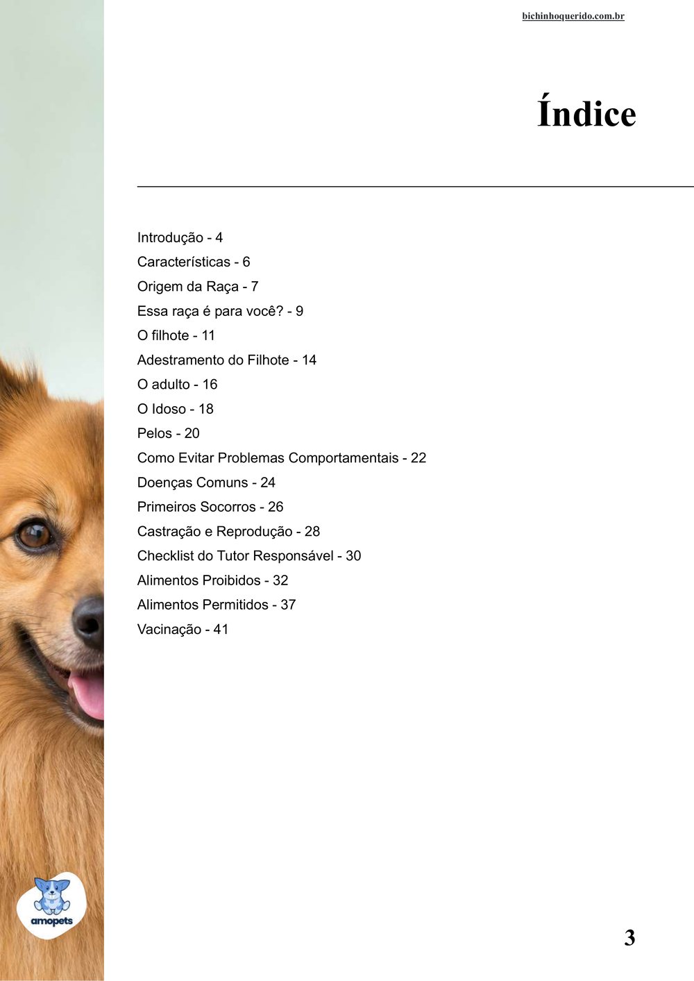 índice do e-book Guia de Como Cuidar do Spitz Alemão