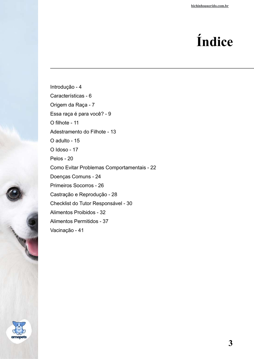 índice do e-book Guia de Como Cuidar do Spitz Japonês