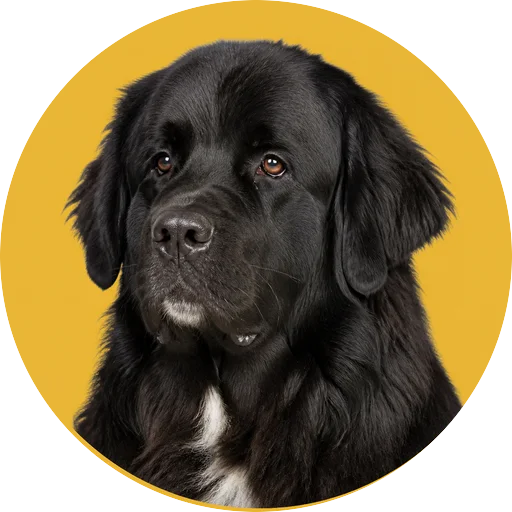 Retrato em ângulo três quartos de cachorro da raça Terra Nova em fundo mostarda