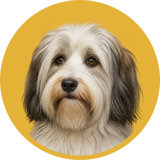 Retrato em ângulo três quartos de cachorro da raça Terrier Tibetano em fundo mostarda