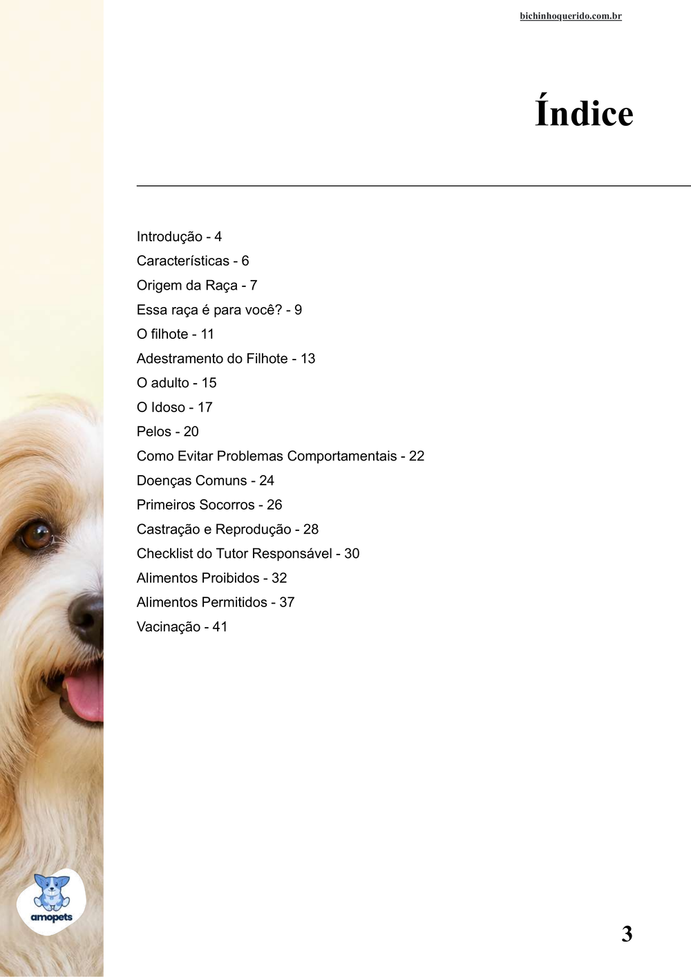 índice do e-book Guia de Como Cuidar do Terrier Tibetano