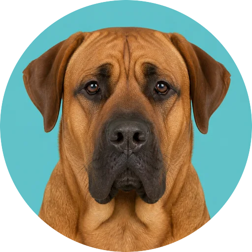 Retrato frontal de cachorro da raça Tosa Inu em fundo turquesa