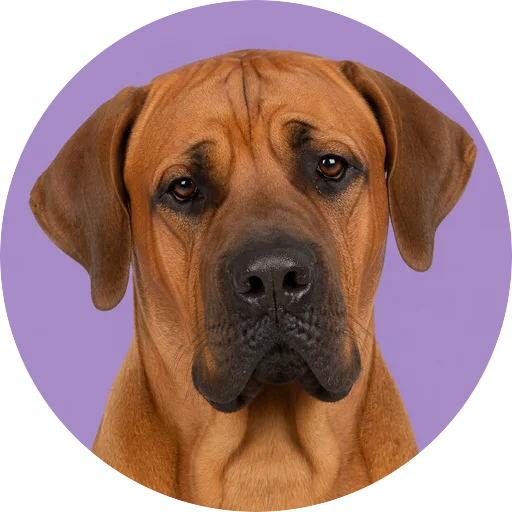 Retrato de cachorro da raça Tosa Inu com leve inclinação da cabeça em fundo lilás