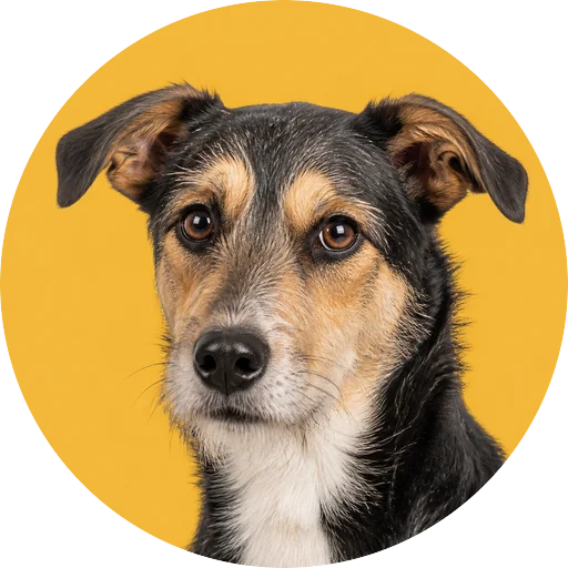 Retrato em ângulo três quartos de cachorro da raça Vira-lata em fundo mostarda