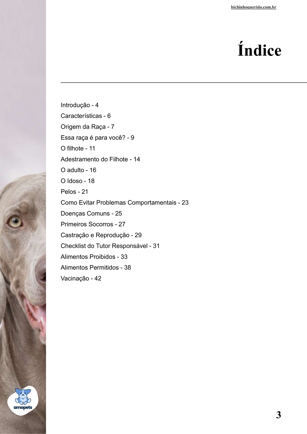 índice do e-book Guia de Como Cuidar do Weimaraner