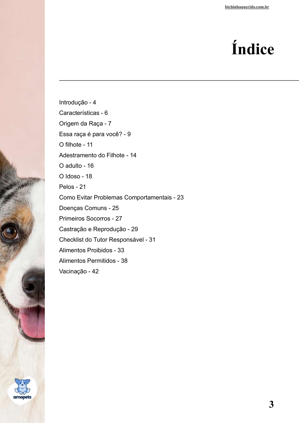 índice do e-book Guia de Como Cuidar do Welsh Corgi Cardigan