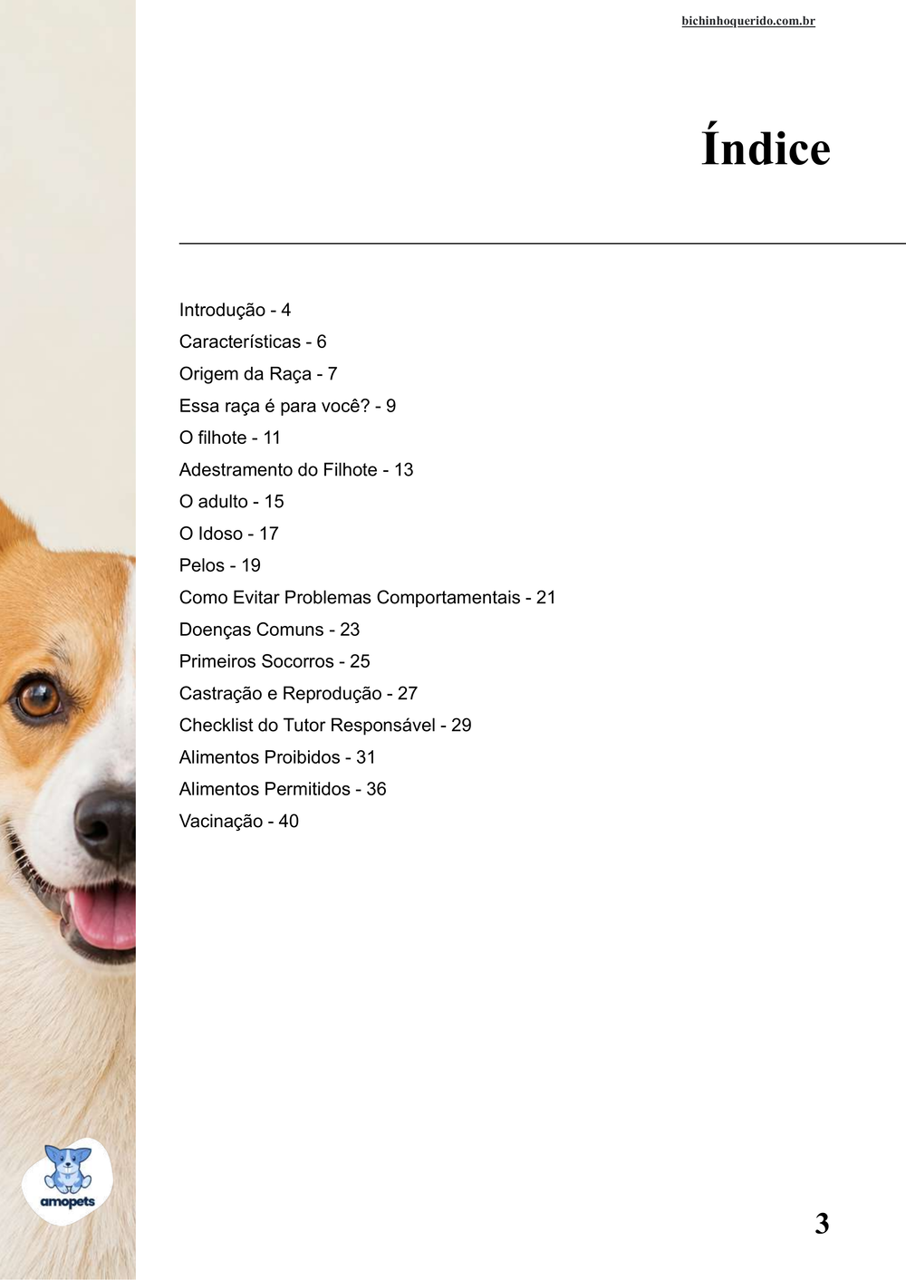 índice do e-book Guia de Como Cuidar do Welsh Corgi Pembroke