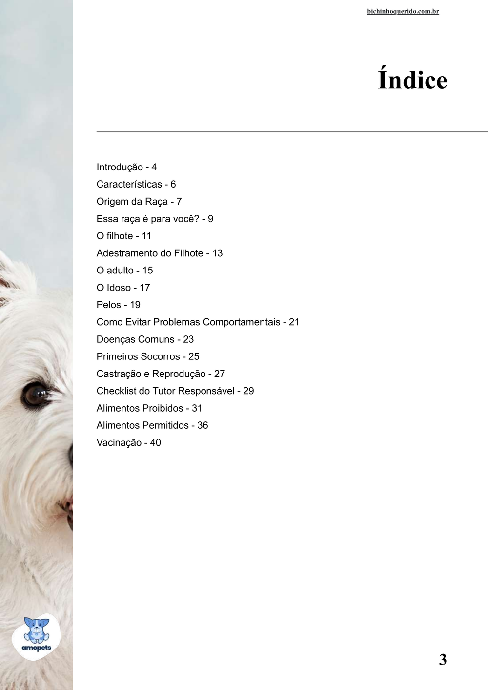 índice do e-book Guia de Como Cuidar do West Highland White Terrier