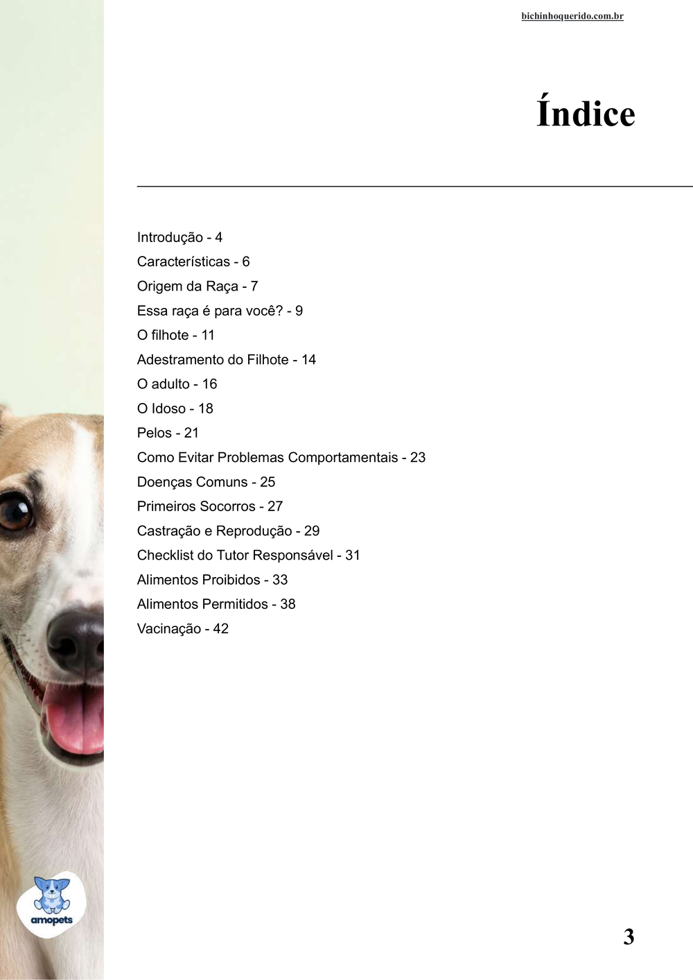 índice do e-book Guia de Como Cuidar do Whippet