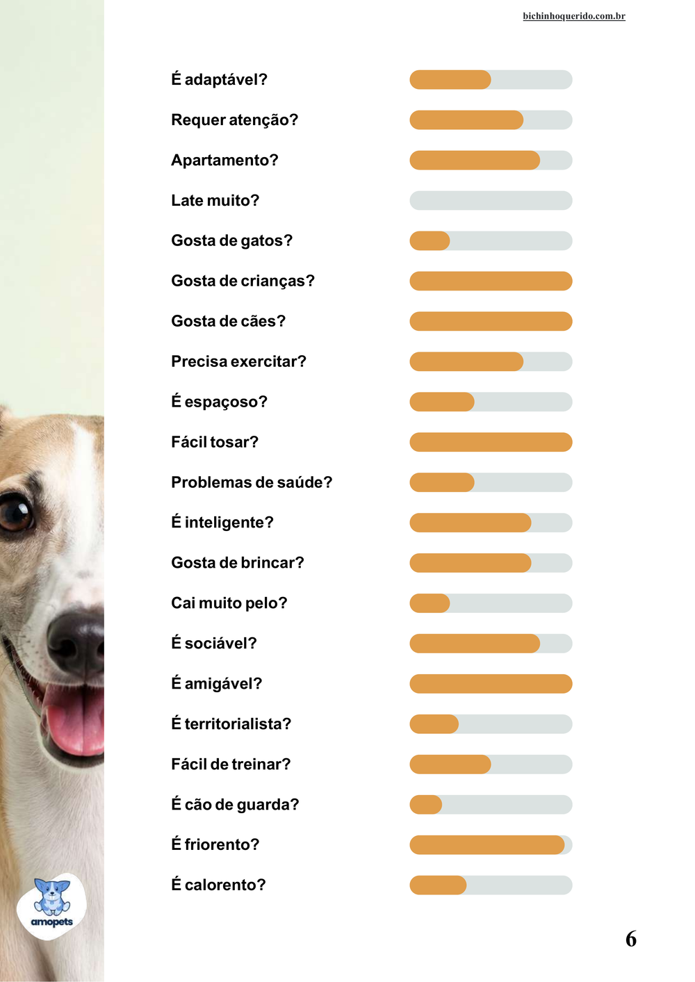 perfil da raça no e-book Guia de Como Cuidar do Whippet
