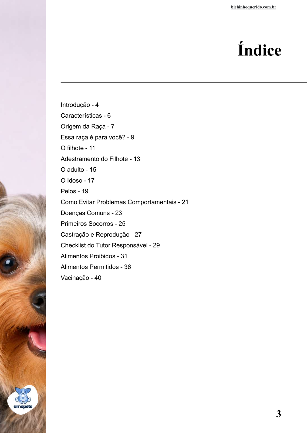índice do e-book Guia de Como Cuidar do Yorkshire Terrier