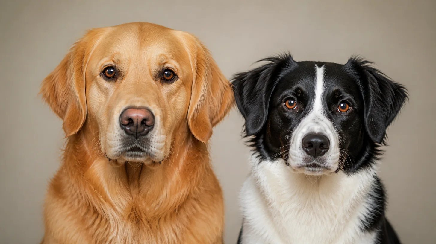 Retrato em close de dois cachorros com pelagens diferentes sobre fundo neutro