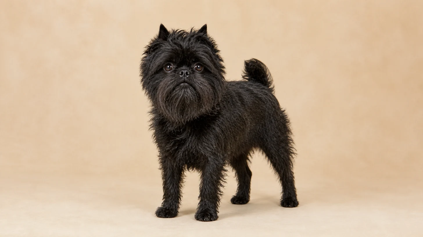Affenpinscher adulto, preto, pequeno, pelagem áspera e expressão simiesca, fotografado sobre fundo bege