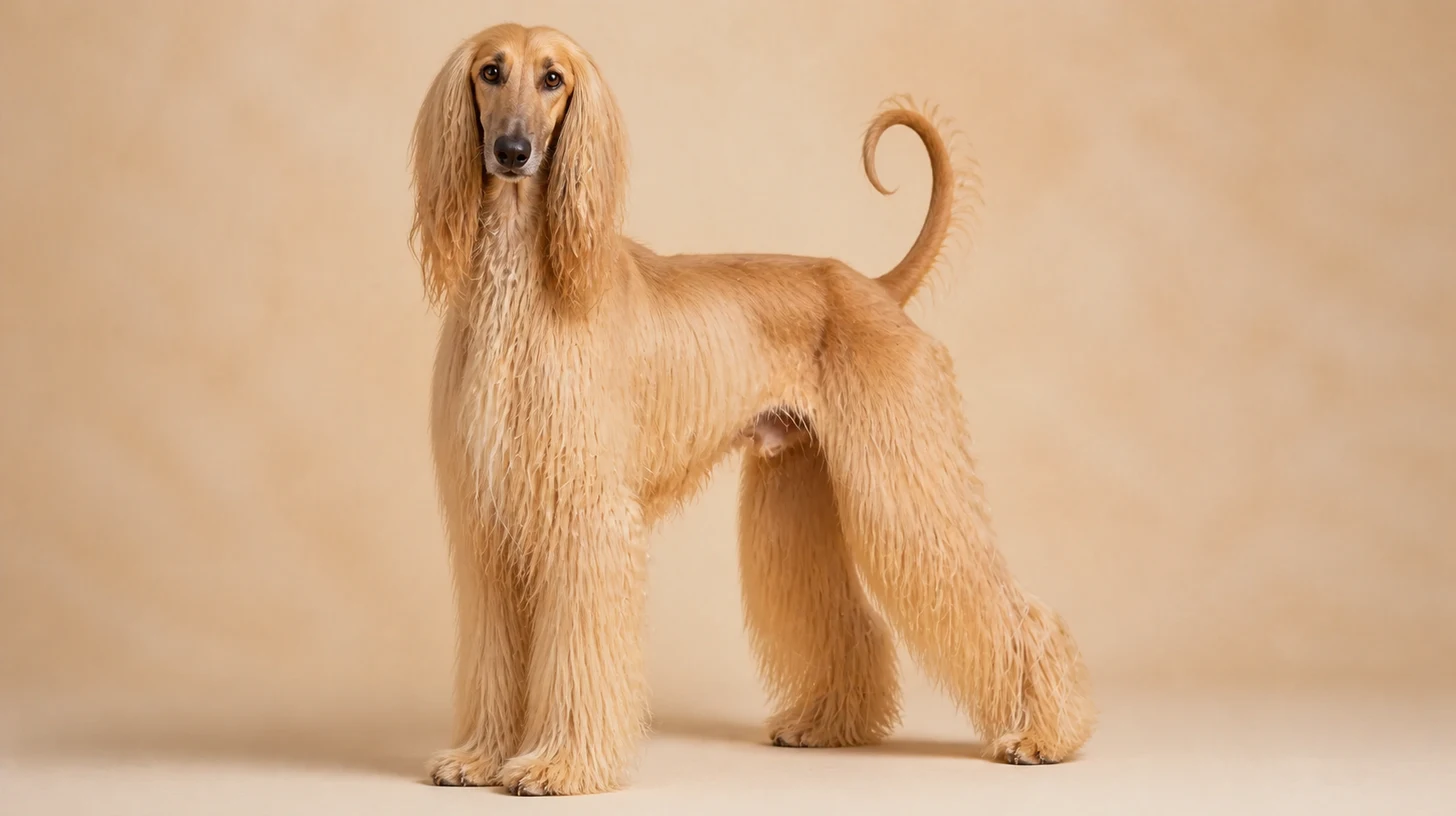 Afghan Hound adulto, dourado, muito esguio, pelagem longa e sedosa, fotografado sobre fundo bege