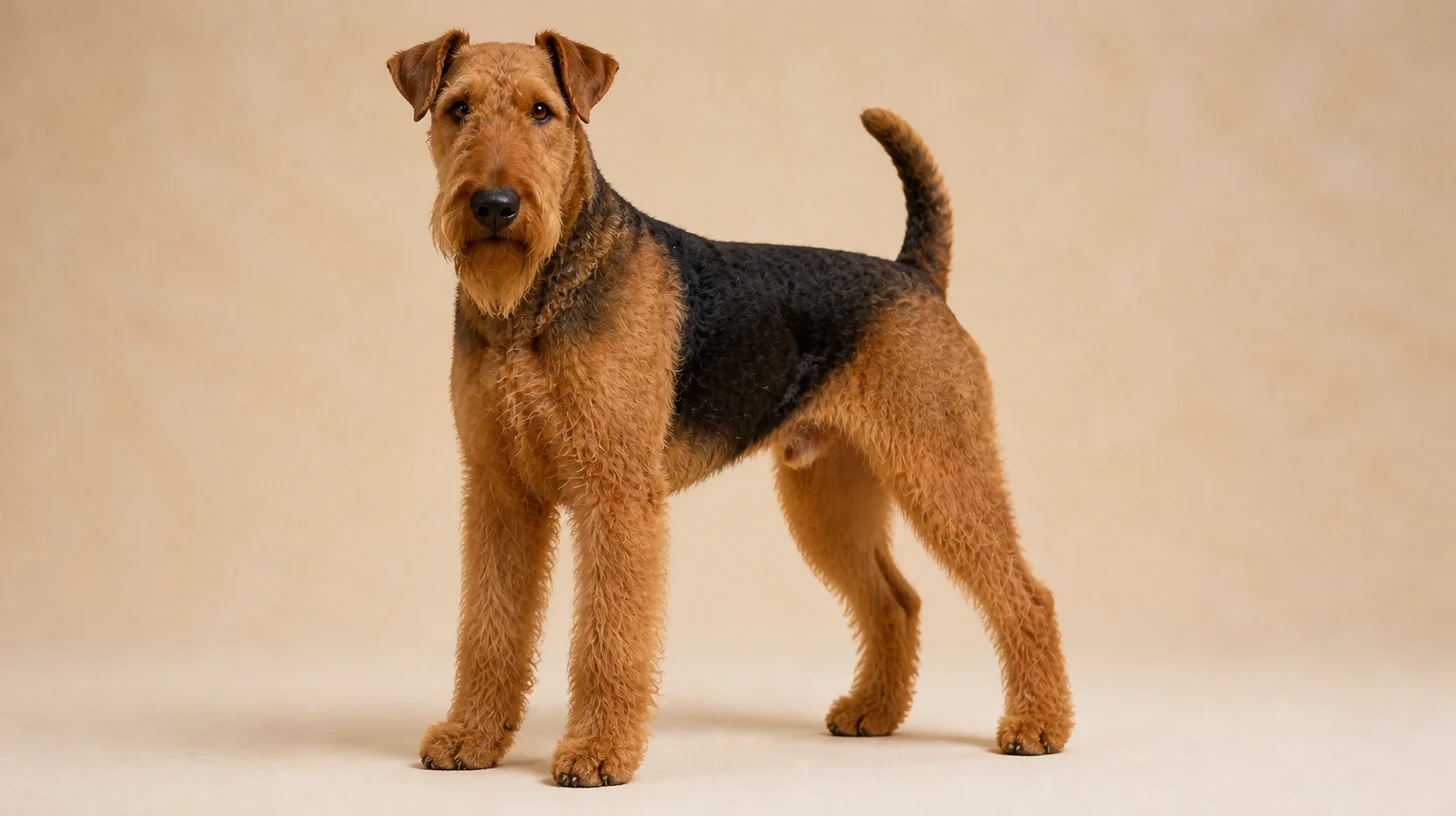 Airedale Terrier adulto, preto e castanho, alto, barbudo e de pelagem áspera, fotografado sobre fundo bege