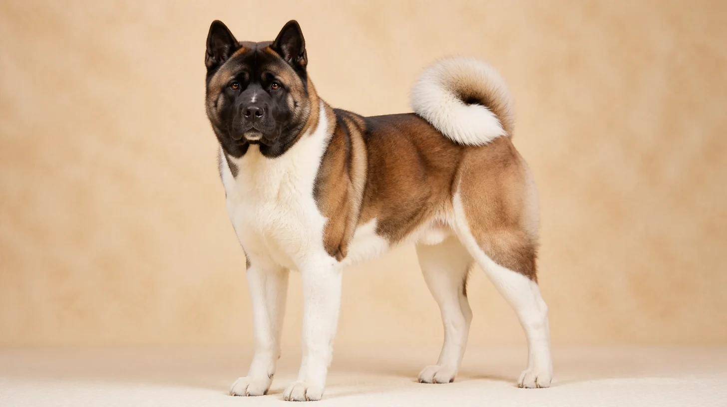 Akita Americano adulto de pelagem branca, preta e castanha em pé, olhando para a câmera
