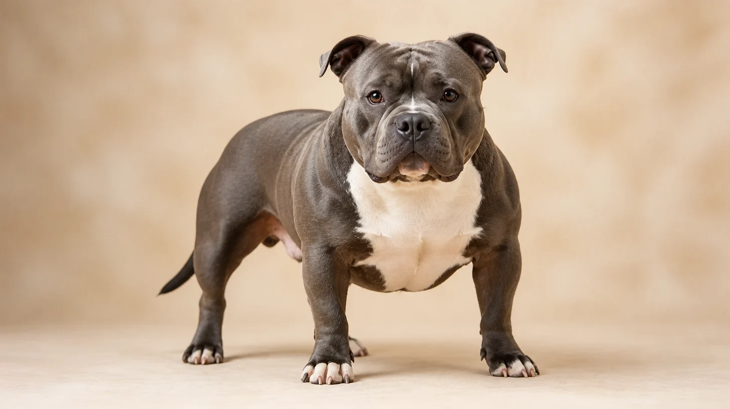 American Bully adulto cinza com peito branco em pé, olhando para a câmera