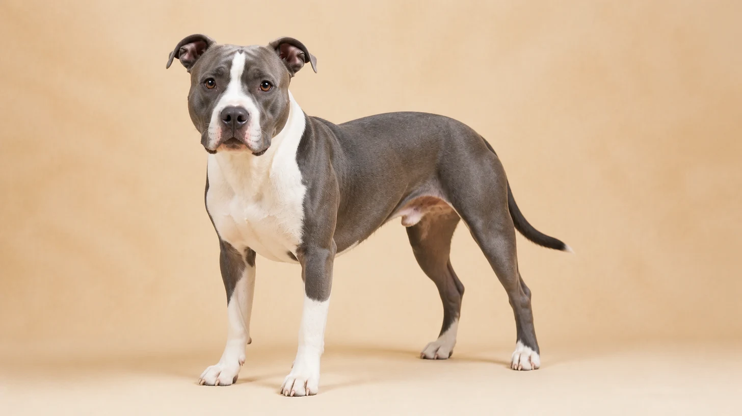 American Staffordshire Terrier adulto, azul e branco, musculoso, compacto e atento, fotografado sobre fundo bege