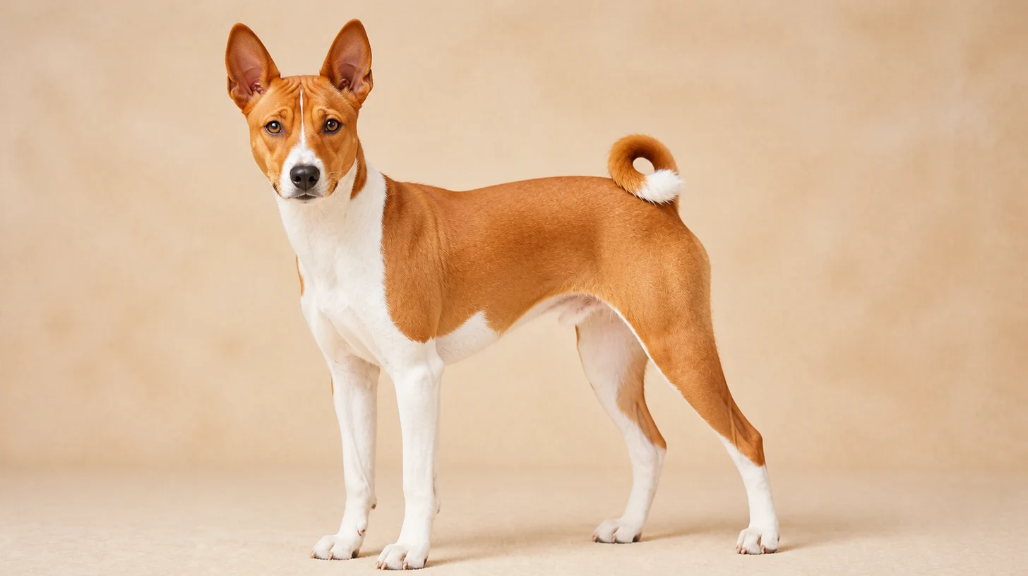 Basenji adulto, vermelho e branco, orelhas eretas, testa enrugada e cauda enrolada, fotografado sobre fundo bege