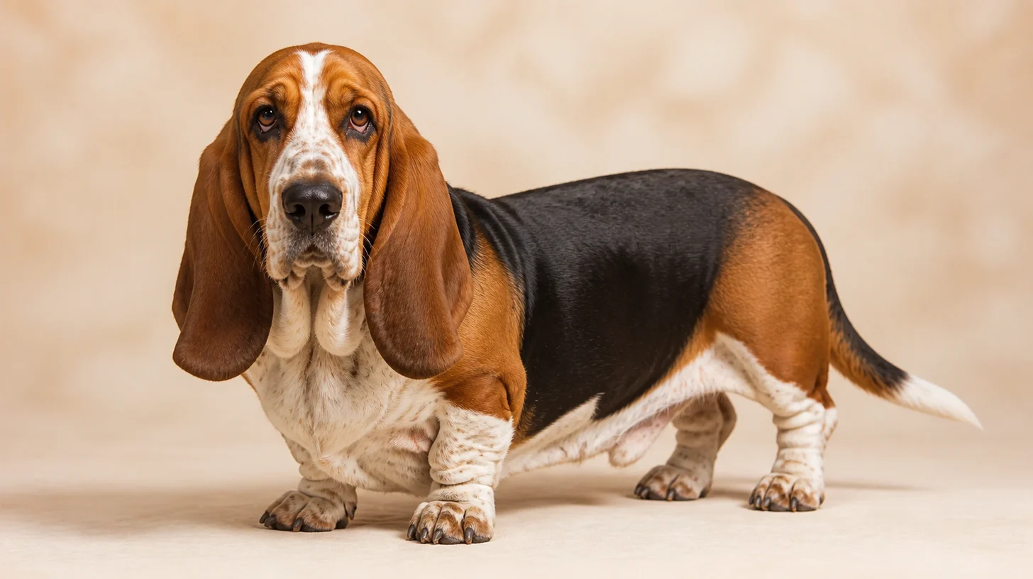 Basset Hound adulto tricolor de pernas curtas em pé, olhando para a câmera