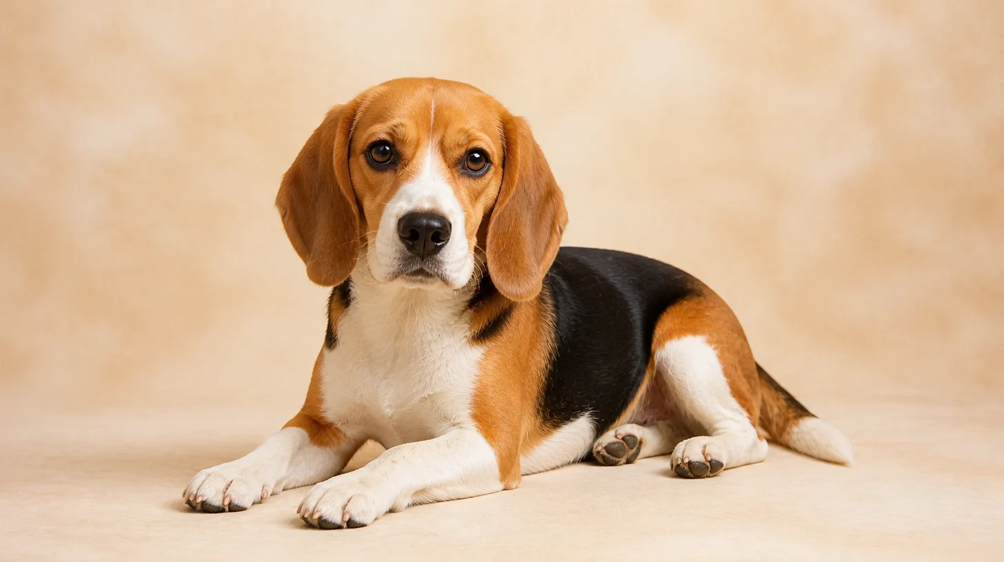 Beagle adulto tricolor deitado em estúdio, olhando para a câmera