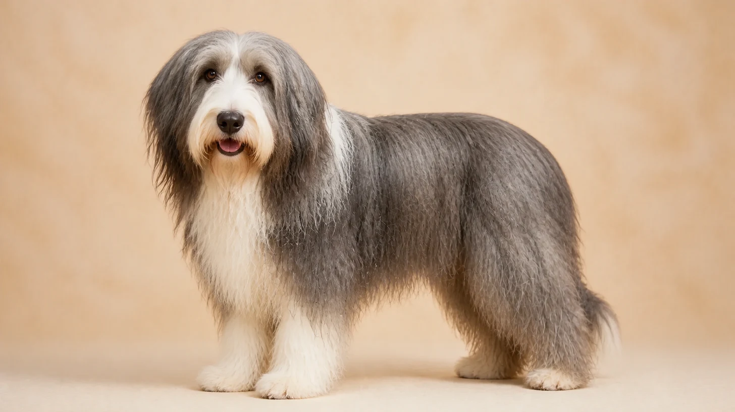 Bearded Collie cinza e branco, de pelagem longa, em pé de corpo inteiro sobre fundo bege claro
