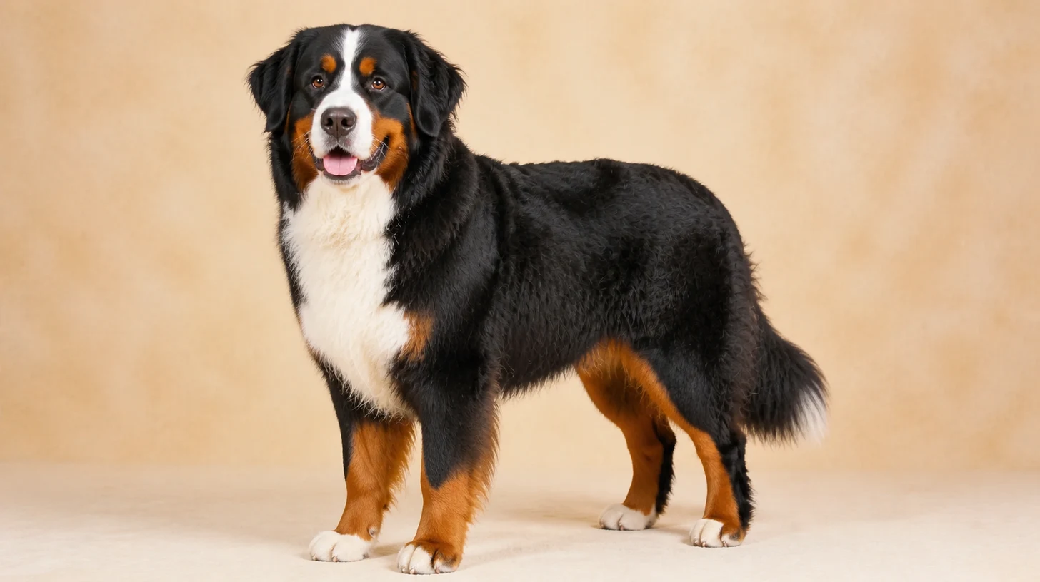 Bernese adulto, tricolor preto, branco e castanho, pelagem longa, fotografado sobre fundo bege