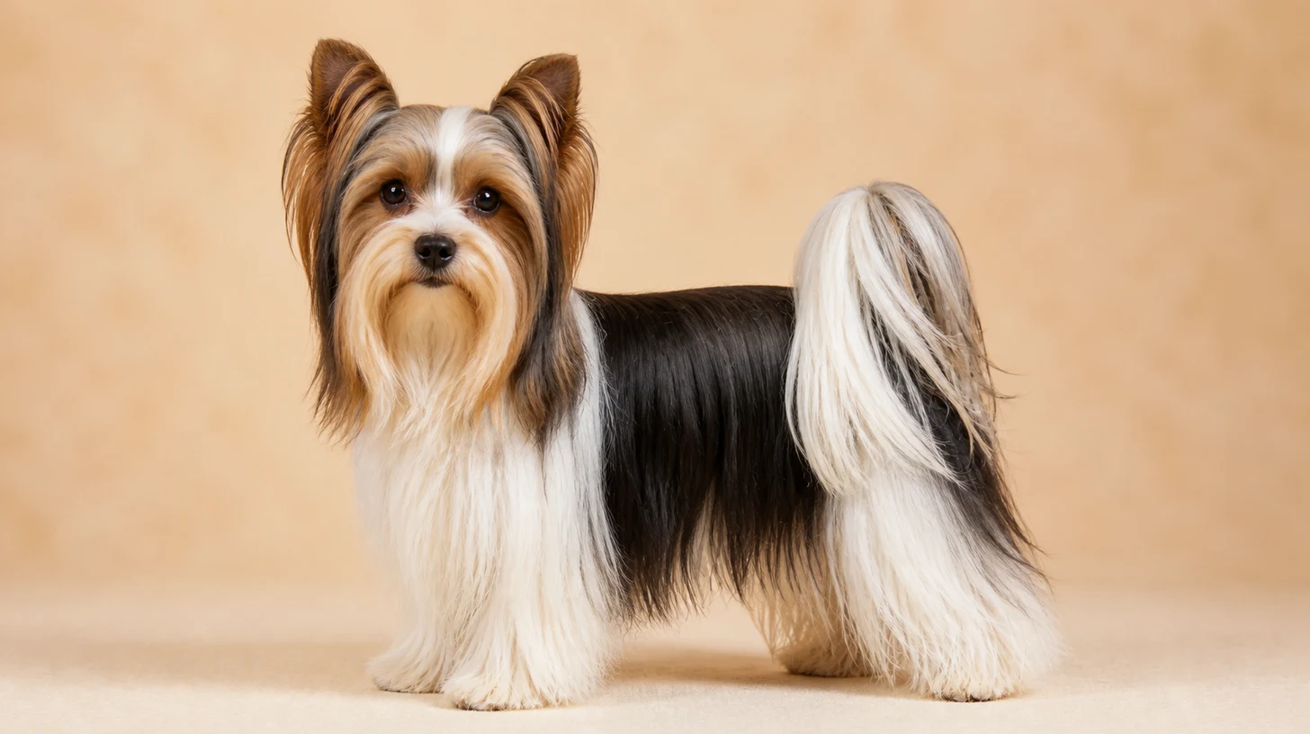 Biewer Terrier adulto, tricolor azul, branco e castanho, pequeno e de pelo sedoso, fotografado sobre fundo bege