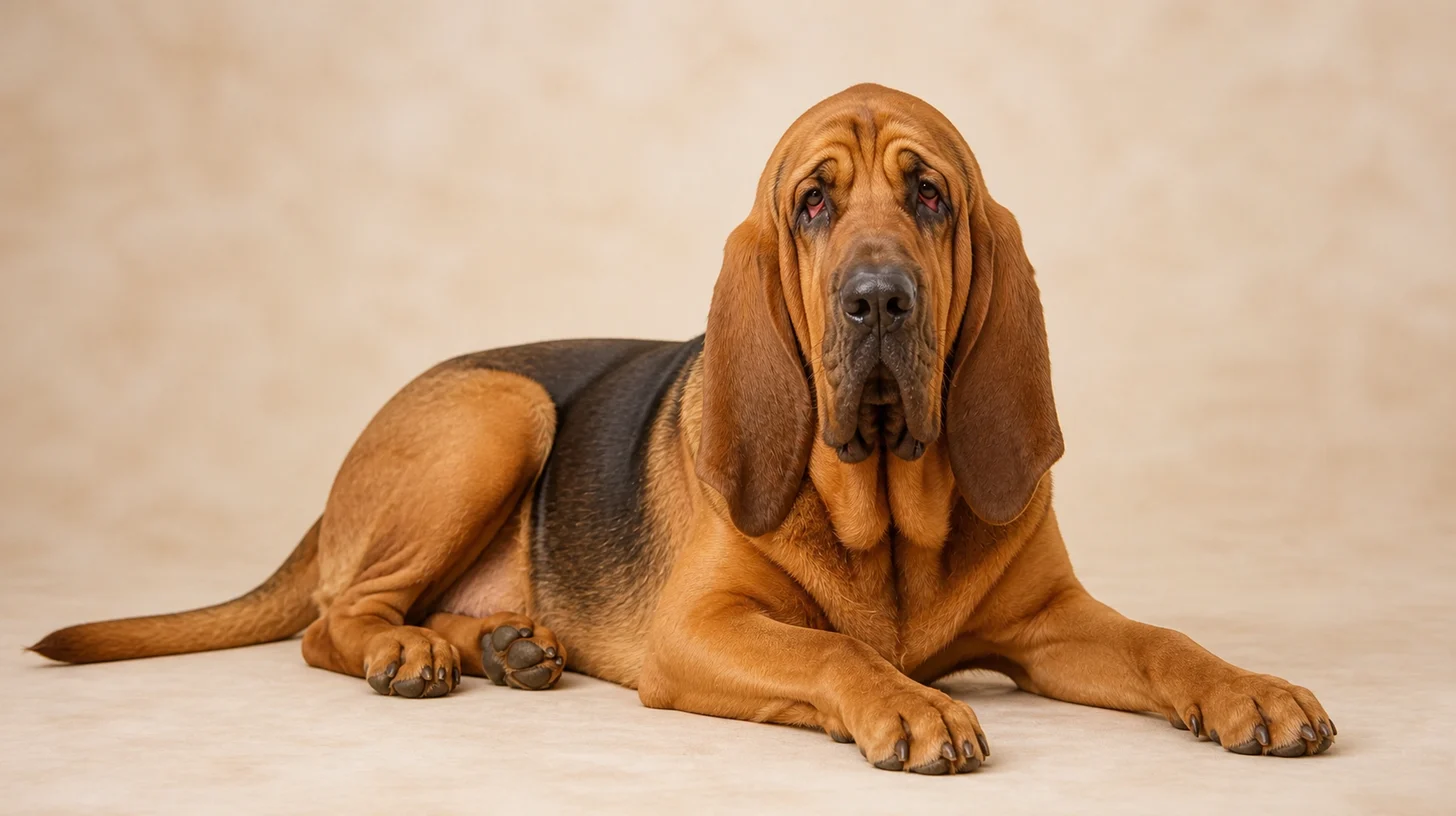 Bloodhound adulto preto e castanho deitado, olhando para a câmera